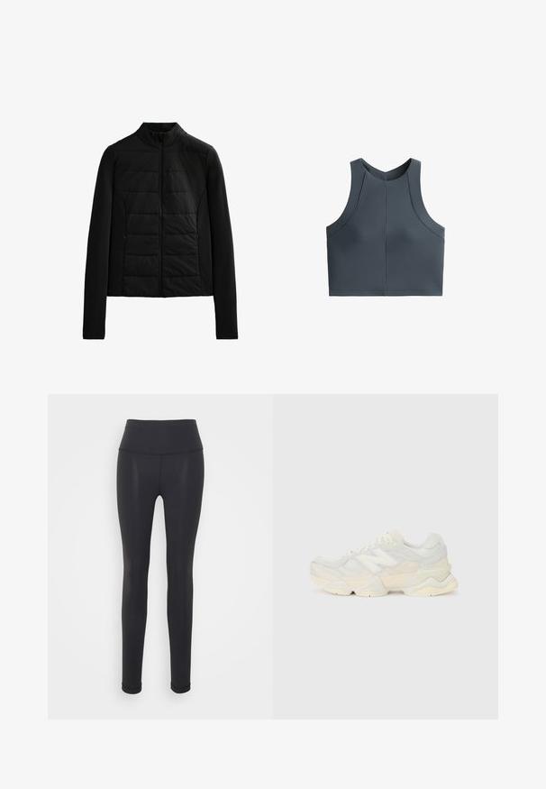 Jachetă neagră matlasată, cu mâneci lungi, guler în picioare și închidere cu fermoar frontal, concepută pentru o căldură ușoară și o croială elegantă.; Top scurt gri cu textură canelată, fără mâneci, și decolteu rotunjit, având accente de cusătură pentru un fit structurat.; Colanți negri dintr-un material elastic, cu un talie înaltă, design aderent și construcție fără cusături, potriviți pentru îmbrăcăminte sport.; Adidaș ușor, cu un superior din plasă și piele întoarsă în nuanțe de crem moale, cu o talpă groasă și accente tridimensionale.