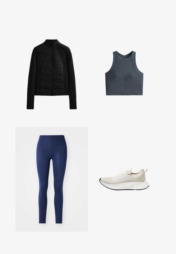 Giacca nera trapuntata con maniche lunghe, colletto rialzato e chiusura con zip frontale, progettata per un calore leggero e una vestibilità elegante.; Cropped top grigio con texture a coste, design senza maniche e scollatura rotonda, con dettagli delle cuciture per una vestibilità strutturata.; Leggings blu navy realizzati in tessuto elastico, con una vita alta, superficie liscia e design a lunghezza intera, privi di motivi o accessori.; Scarpa atletica bianca nuvola con tomaia in maglia testurizzata e suola flessibile, caratterizzata da lacci decorativi e un manico sul retro.