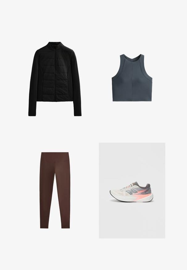 Crna jakna s pikotama, dugih rukava, stojećim ovratnikom i prednjim zatvaračem, dizajnirana za laganu toplinu i elegantno pristajanje.; Siva uska majica s rebrastom teksturom, bez rukava, zaobljenog izreza, s naglascima na šavovima za strukturirani izgled.; Smeđe tajice izrađene od glatkog, rastezljivog materijala, s visokim pojasom i pripijenim krojem, bez vidljivih uzoraka ili ukrasa.; Svijetlosivi i ružičasti New Balance trkaći tenisice s debelim bijelim potplatom i crnim donjim dijelom, bočni prikaz na jednostavnoj pozadini.