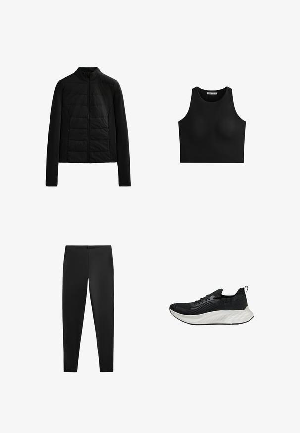 Černá prošívaná bunda s dlouhými rukávy, stojáčkem a předním zipem, navržená pro lehké teplo a týmový střih.; Černý crop top s vysokým výstřihem, bez rukávů a hladkým, elastickým materiálem. Žádné viditelné švy ani vzory. Jednoduchý a minimalistický styl.; Černé legíny s hladkou strukturou a přiléhavým střihem, s vysokým pasem a bezešvým designem pro komfort a všestrannost.; Černá sportovní bota s texturovaným svrškem, bílou polstrovanou podrážkou a diskrétním brandingem. Obsahuje poutko a šněrování.