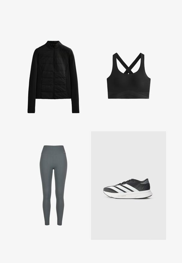 Black quilted jacket with long sleeves, stand collar, and front zipper closure, designed for lightweight warmth and sleek fit.; Black sports bra with crossed straps, smooth texture, and a wide band featuring a chevron pattern on the lower section.; Ribbed leggings in a dark grey color, featuring a high waistband, stretchy fabric, and a fitted design. No visible logos or patterns.; Black athletic shoe with white stripes, mesh upper, cushioned sole, and a sleek design. Accents of gray on the heel and tongue.