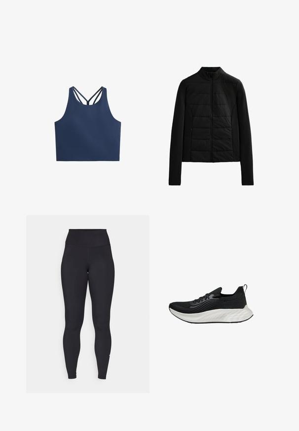 Jachetă neagră matlasată, cu mâneci lungi, guler în picioare și închidere cu fermoar frontal, concepută pentru o căldură ușoară și o croială elegantă.; Top scurt de culoare albastru marin, cu o textură netedă, având mai multe bretele subțiri în design încrucișat la spate. Fără modele sau accente vizibile.; Leggings negre cu talie înaltă, fabricate dintr-un material elastic și neted. Prezintă un design ajustat cu un accent logo aproape de glezna.; Pantofii sport negri au un superior texturat, o talpă albă căptușită și branding subtil. Dispun de un tab de tragere și închidere cu șiret.