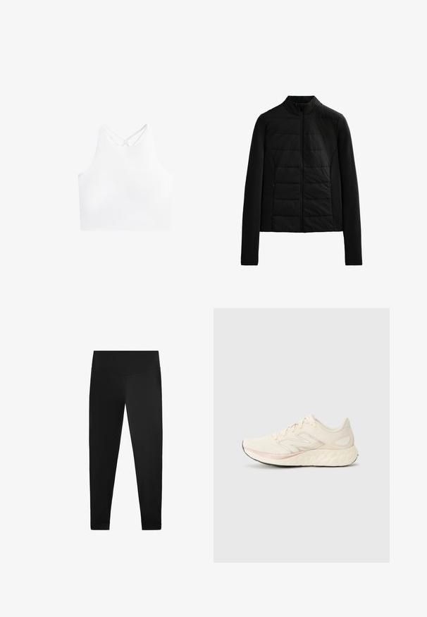 Černá prošívaná bunda s dlouhými rukávy, stojáčkem a předním zipem, navržená pro lehké teplo a týmový střih.; Bílý sportovní crop top s vysokým výstřihem a dvojitými křížovými ramínky na zádech, vyrobený z hladké a elastické tkaniny.; Černé legíny vyrobené z hladké, elastické látky. Vysoký pas s detaily na kotnících a bez viditelných vzorů nebo kovových prvků.; Světlý béžový běžecký boty s texturovaným síťovaným svrškem, růžovým akcentem, polstrovanou podrážkou a reflexním stříbrným logem na boku.