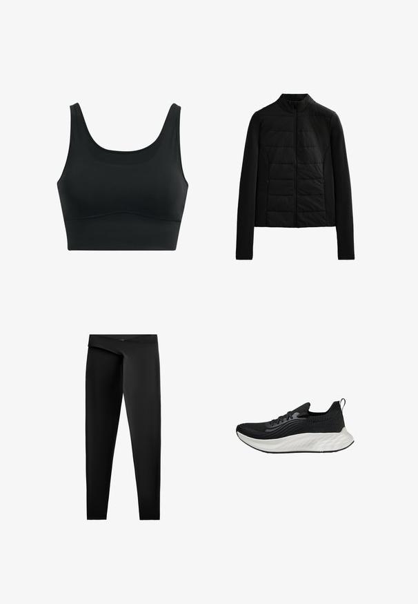 Zwarte gewatteerde jas met lange mouwen, staande kraag en ritssluiting aan de voorkant, ontworpen voor lichte warmte en een slanke pasvorm.; Zwarte sportbh van gladde stof, met een ronde hals, brede bandjes en een naadloos ontwerp met een gebogen zoom.; Zwarte leggings van gladde, rekbare stof. Voorzien van een hoge tailleband en een aansluitende pasvorm met een rechte snit tot de enkels.; Zwarte sportieve schoen met een gestructureerde bovenkant, een witte gewatteerde zool en subtiele branding. Voorzien van een trekhaak en vetersluiting.
