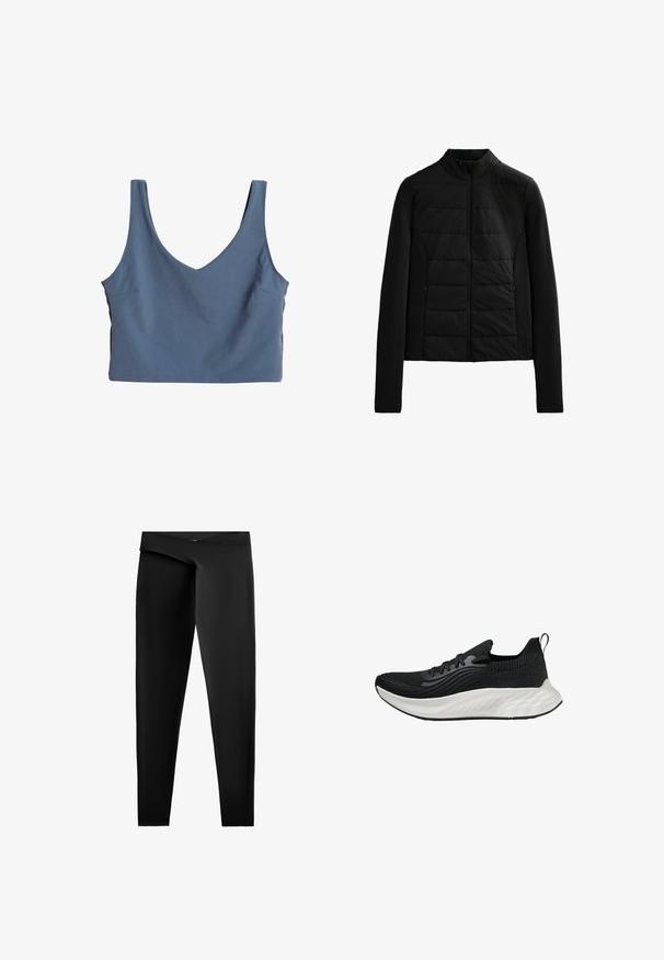 Zwarte gewatteerde jas met lange mouwen, staande kraag en ritssluiting aan de voorkant, ontworpen voor lichte warmte en een slanke pasvorm.; Blauwe gecropte tanktop met een V-halsontwerp, gemaakt van een gladde stof. Heeft brede schouderbanden en een enkele zakdetails aan de zijkant.; Zwarte leggings van gladde, rekbare stof. Voorzien van een hoge tailleband en een aansluitende pasvorm met een rechte snit tot de enkels.; Zwarte sportieve schoen met een gestructureerde bovenkant, een witte gewatteerde zool en subtiele branding. Voorzien van een trekhaak en vetersluiting.
