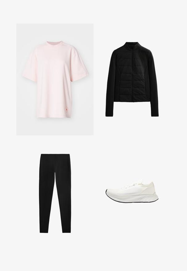 Crna jakna s pikotama, dugih rukava, stojećim ovratnikom i prednjim zatvaračem, dizajnirana za laganu toplinu i elegantno pristajanje.; adidas by Stella McCartney LOGO TEE - Majica kratkih rukava s printom - pink; Crne tajice od glatkog, rastezljivog materijala. Dizajn ima prilagođen oblik bez vidljivih šavova ili uzoraka, što pruža elegantan izgled.; Bijela trkačka cipela s gornjim dijelom od mrežastog materijala, laganim dizajnom, glatkim zaobljenim potplatom i crnim gumiranim potplatom. Ima ravne vezice i minimalne akcenti.