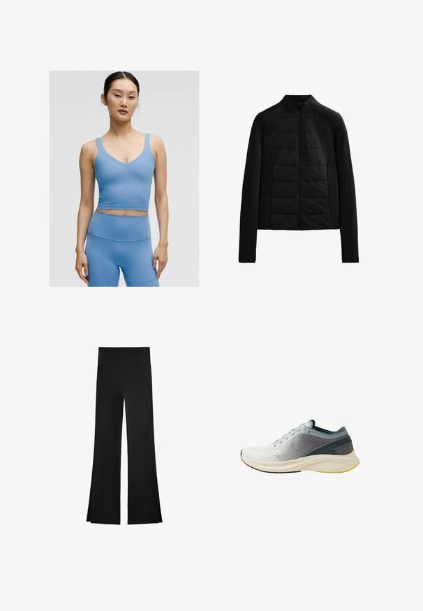 Black quilted jacket with long sleeves, stand collar, and front zipper closure, designed for lightweight warmth and sleek fit.; Light blue sports bralette with a v-neck, thick shoulder straps, and a fitted design, made from smooth, stretchy fabric.; Black pants with a wide-leg design, featuring a high waistband and side slits for ease of movement. Made from a smooth, stretchy fabric.; Lightweight running shoe with a textured grey and white mesh upper, flexible sole, and a lime green accent on the outsole.