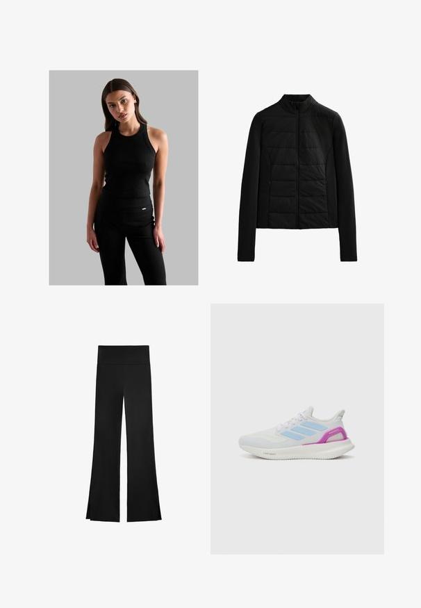 Svart vadderad jacka med långa ärmar, ståkrage och frontdragkedja, designad för lätt värme och en slimmad passform.; Svart ribbad tanktop med rund halsringning, figursydd design och tunna axelband, i kombination med svarta högmidjade byxor med en liten logotypdetalj.; Svarta byxor med en vid design, utrustade med hög midja och sidofickor för ökad rörelsefrihet. Tillverkade av ett mjukt, stretchigt tyg.; adidas Performance PUREBOOST 5 - Väglöparskor - white/glow blue/purple burst