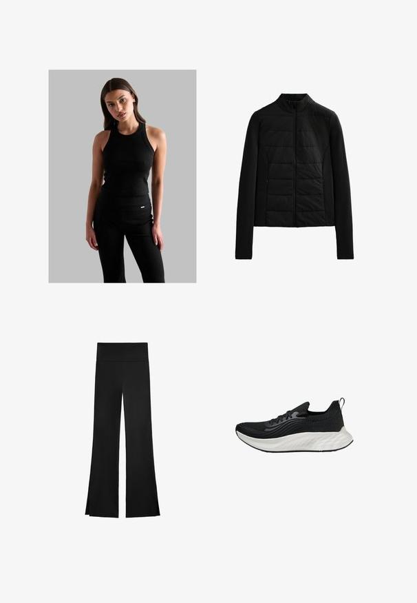 Mustat vuoritut takki pitkillä hihoilla, pystykauluksella ja etuvetoketjulla, suunniteltu kevyeksi lämpöiseksi ja hoikaksi istuvuudeksi.; Musta ribattu hihaton paita, jossa on pyöreä kaulus, tiukka muotoilu ja ohuet hihnat, yhdistettynä mustiin korkeavyötäröisiin housuihin, joissa on pieni logo-yksityiskohta.; Mustat housut leveällä lahkeella, joissa on korkea vyötärö ja sivuaukot liikkumisen helpottamiseksi. Valmistettu sileästä ja joustavasta kankaasta.; Musta urheilukenkä, jossa on teksturoitu yläosa, valkoinen pehmeä pohja ja hienovarainen brändäys. Varustettu vetonauhalla ja nauhakiinnityksellä.