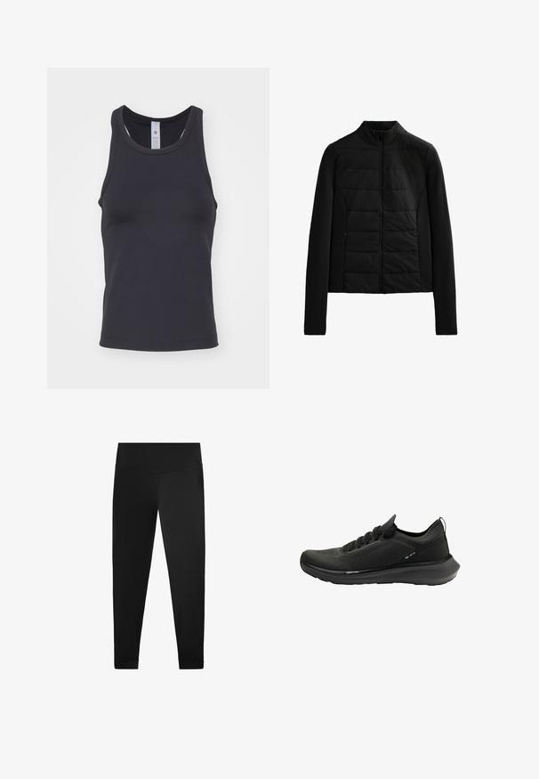 Schwarze gesteppte Jacke mit langen Ärmeln, Stehkragen und vorderem Reißverschluss, entworfen für leichte Wärme und eine schlanke Passform.; Schwarzes Tanktop aus weichem, dehnbarem Stoff. Mit einem runden Ausschnitt und breiten Trägern gestaltet, um eine enganliegende Passform zu bieten.; Schwarze Leggings aus glattem, dehnbarem Material. Hochtailliertes Design mit Fußgelenkdetails und ohne sichtbare Muster oder Beschläge.; Schwarzer Sportschuh mit strukturiertem Mesh-Obermaterial, gebogener Sohle und minimalistischem Design mit Schnürverschluss und dezentem Branding.