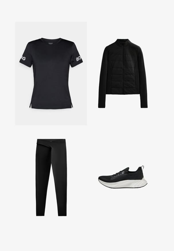 Čierna prešívaná bunda s dlhými rukávmi, stojacím golierom a predným zipsom, navrhnutá pre ľahké teplo a elegantný strih.; Čierne tričko s krátkym rukávom vyrobené z hladkého materiálu. Má okrúhly výstrih a logo "BORG" v bielej farbe na pravom rukáve.; Čierne legíny vyrobené z hladkej, elastickej tkaniny. Majú vysoký pás a priliehavý strih so rovnými nohavicami až po členky.; Čierna športová obuv s textúrovaným zvrškom, bielou polstrovanou podrážkou a nenápadným brandingom. Obsahuje pútko a šnurovanie.