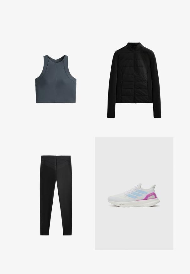 Crna jakna s pikotama, dugih rukava, stojećim ovratnikom i prednjim zatvaračem, dizajnirana za laganu toplinu i elegantno pristajanje.; Siva uska majica s rebrastom teksturom, bez rukava, zaobljenog izreza, s naglascima na šavovima za strukturirani izgled.; Crne sportske tajice s glatkom teksturom, koje imaju široki pojas i dijagonalni uzorak teksture blizu struka za dodatnu estetsku detalj.; adidas Performance PUREBOOST 5 - Tenisice za cestovno trčanje - white/glow blue/purple burst
