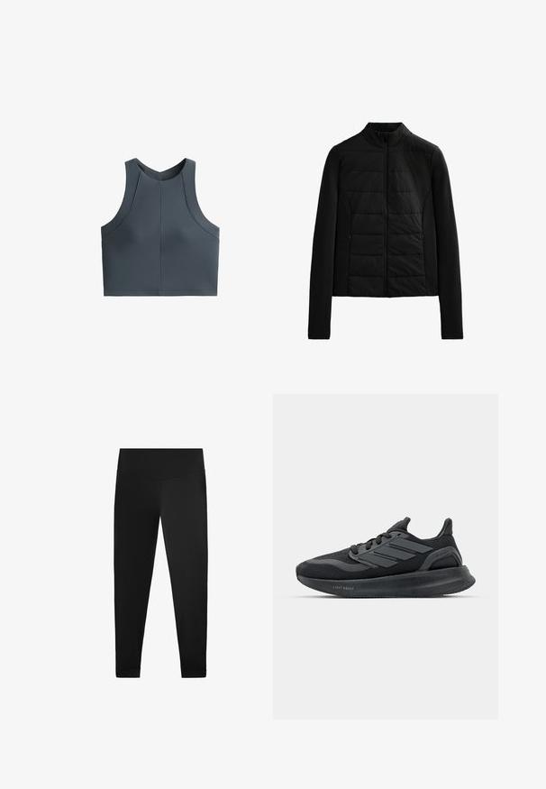 Fekete steppelt dzseki hosszú ujjakkal, álló gallérral és elől zippzárral, amely a könnyű melegséget és a karcsú illeszkedést szolgálja.; Szürke rövid felső, bordázott textúrával, ujjatlan kivitelben és lekerekített nyakkivágással, varrási díszítésekkel a formázott illeszkedés érdekében.; Fekete leggings sima, rugalmas anyagból. Magas derék kialakítás, bokánál díszítéssel és látható minták vagy fémrészletek nélkül.; Fekete sportcipők hálós felsőrészsel, texturált panelek, három csík részlet és ívelt talp, amelyen a "LIGHT BOOST" felirat található.