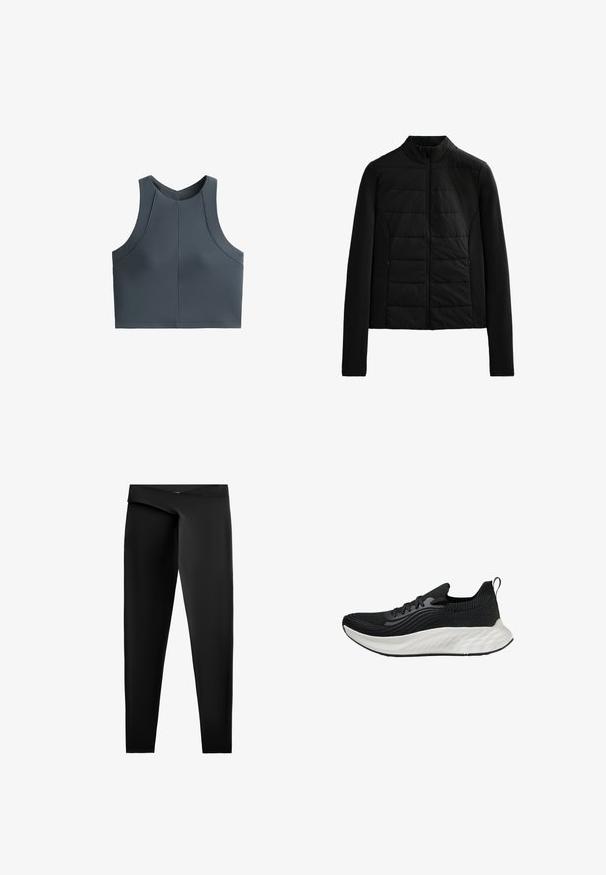 Fekete steppelt dzseki hosszú ujjakkal, álló gallérral és elől zippzárral, amely a könnyű melegséget és a karcsú illeszkedést szolgálja.; Szürke rövid felső, bordázott textúrával, ujjatlan kivitelben és lekerekített nyakkivágással, varrási díszítésekkel a formázott illeszkedés érdekében.; Fekete leggings sima, rugalmas anyagból. Magas derékkal és testhezálló sziluettel rendelkezik, egyenes vágással a bokákra.; Fekete sportcipő texturált felsőrésszel, fehér párnázott talppal és diszkrét logóval. Húzófül és fűzős záródás jellemzi.