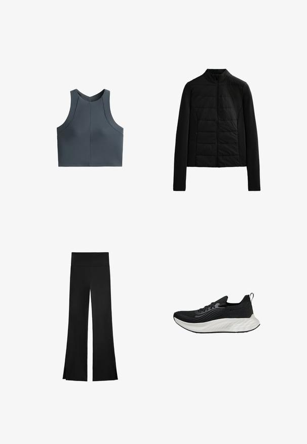 Mustat vuoritut takki pitkillä hihoilla, pystykauluksella ja etuvetoketjulla, suunniteltu kevyeksi lämpöiseksi ja hoikaksi istuvuudeksi.; Harmaa lyhyt toppi ribbitekstuuri, hihattomalla suunnittelulla ja pyöreällä kaula-aukolla, jossa on sauman yksityiskohtia rakenteellisen istuvuuden saavuttamiseksi.; Mustat housut leveällä lahkeella, joissa on korkea vyötärö ja sivuaukot liikkumisen helpottamiseksi. Valmistettu sileästä ja joustavasta kankaasta.; Musta urheilukenkä, jossa on teksturoitu yläosa, valkoinen pehmeä pohja ja hienovarainen brändäys. Varustettu vetonauhalla ja nauhakiinnityksellä.