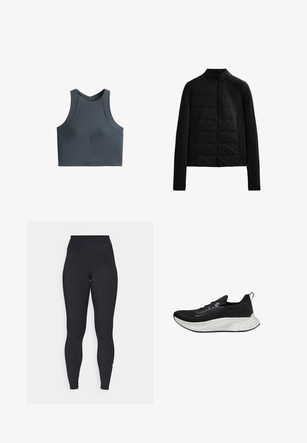Crna jakna s pikotama, dugih rukava, stojećim ovratnikom i prednjim zatvaračem, dizajnirana za laganu toplinu i elegantno pristajanje.; Siva uska majica s rebrastom teksturom, bez rukava, zaobljenog izreza, s naglascima na šavovima za strukturirani izgled.; Crne tajice visokog struka napravljene od rastezljivog, glatkog materijala. Imaju građu koja se prianja uz tijelo s logotipom blizu članka.; Crna atletska cipela s teksturiranim gornjim dijelom, bijelim jastučićem potplatom i suptilnim brendingom. Ima petlju za povlačenje i vezanje.