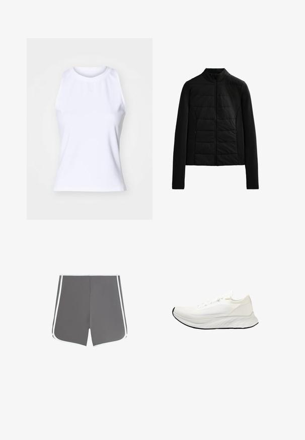 Černá prošívaná bunda s dlouhými rukávy, stojáčkem a předním zipem, navržená pro lehké teplo a týmový střih.; Bílý bezrukávový top vyrobený z hladké směsice bavlny. Má kulatý výstřih a nenápadnou výšivku loga na přední části.; Šedé plavkové šortky s bílými bočními panely, s jednoduchým, moderním designem a pohodlným střihem, vhodné pro vodní aktivity.; Bílé běžecké boty s pleteným svrškem, lehkým designem, hladkou zaoblenou podrážkou a černou gumovou podešví. Mají ploché tkaničky a minimální akcenty.