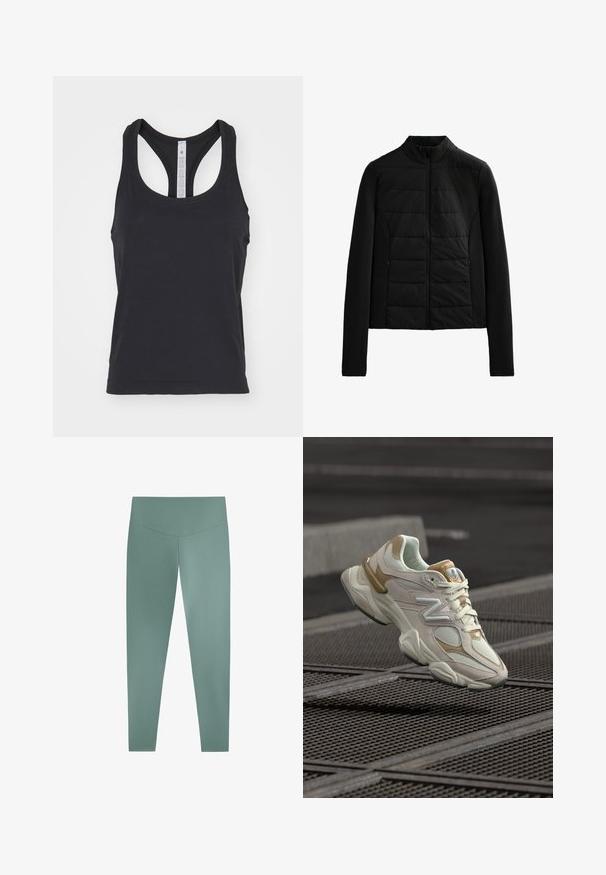 Veste matelassée noire avec manches longues, col montant et fermeture éclair à l'avant, conçue pour offrir une chaleur légère et une coupe élégante.; lululemon SWIFTLY TECH RACERBACK TANK - Débardeur - black black; Leggings vert clair en matériau lisse et extensible. Présentent une taille haute et un design ajusté, s'étendant jusqu'à la cheville.; Baskets crème et beige avec des matériaux en mesh et en suède, logo "N" proéminent, col rembourré et semelle en caoutchouc texturée, suspendues au-dessus d'une surface en grille.