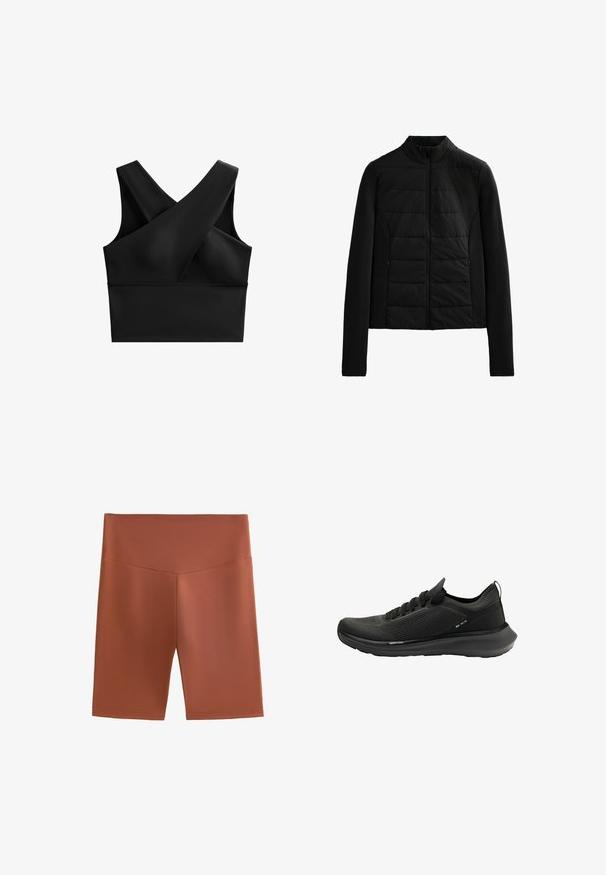 Črna prešita jakna z dolgimi rokavi, stoječim ovratnikom in sprednjim zipom, zasnovana za lahko toploto in eleganten fit.; Črn športni modrček s križnim dizajnom spredaj, širokimi naramnicami, gladko teksturo in prilagojenim krojem.; Rjave aktivne kratke hlače z gladkim, elastičnim materialom, visokim pasom in dolžino do sredine stegna. Brez vidnih vzorcev ali kovinskih detajlov.; Črni športni čevelj z zgornjim delom iz teksturirane mrežice, ukrivljeno podplatom in minimalističnim dizajnom z vezalkami ter diskretnim blagovnim znamčenjem.