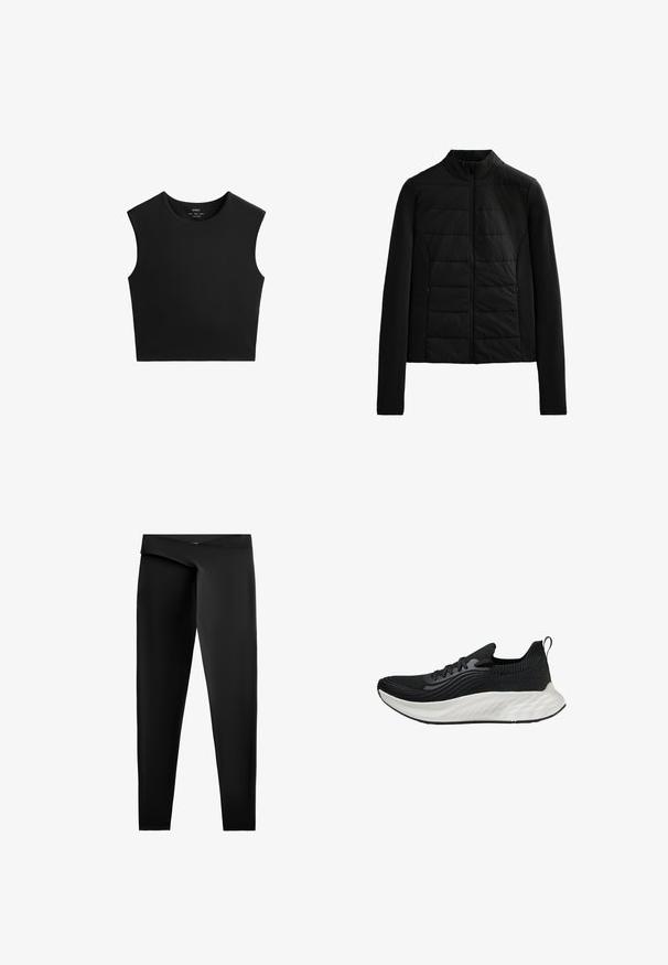 Čierna prešívaná bunda s dlhými rukávmi, stojacím golierom a predným zipsom, navrhnutá pre ľahké teplo a elegantný strih.; Čierny bezrukávový crop top s okrúhlym výstrihom, vyrobený z hladkej, elastickej látky. Jednoduchý dizajn; žiadne viditeľné vzory ani akcenty.; Čierne legíny vyrobené z hladkej, elastickej tkaniny. Majú vysoký pás a priliehavý strih so rovnými nohavicami až po členky.; Čierna športová obuv s textúrovaným zvrškom, bielou polstrovanou podrážkou a nenápadným brandingom. Obsahuje pútko a šnurovanie.