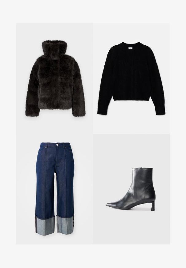 Fekete műszőrme dzseki magas gallérral, rövidített fazonnal és hosszú ujjakkal. Texturált felülete van, puha, bársonyos megjelenéssel.; Fekete, rövidített pulóver bolyhos anyagból. Kerek nyakkivágással és hosszú ujjakon puha tapintású. Minimális design, minta nélkül.; Sötétkék, bő szabású farmernadrág, felhajtott szárakkal, amelyek világosabb farmerot mutatnak, elől gombbal és zsebekkel, fehér háttér előtt.; Fekete bőr bokacsizma hegyes orral és letisztult dizájnnal. Alacsony sarka és hátsó cipzáras záródása van. Simának tűnő textúra.