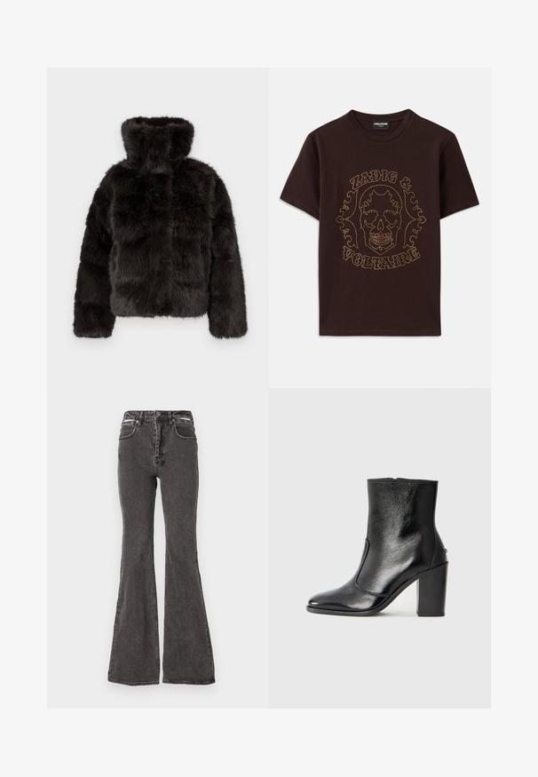 Black faux fur jacket with a high collar, cropped design, and long sleeves. Features a textured surface with a soft, plush appearance.; Black t-shirt made of cotton, featuring a skull graphic outlined in gold studs with "Zadig & Voltaire" text, short sleeves and crew neck.; Black flared jeans made of denim with a faded texture, featuring front pockets, belt loops, and metal accent hardware at the waist.; Black leather ankle boot with a smooth texture, pointed toe, and a chunky high heel. Features a side opening and minimalistic design.