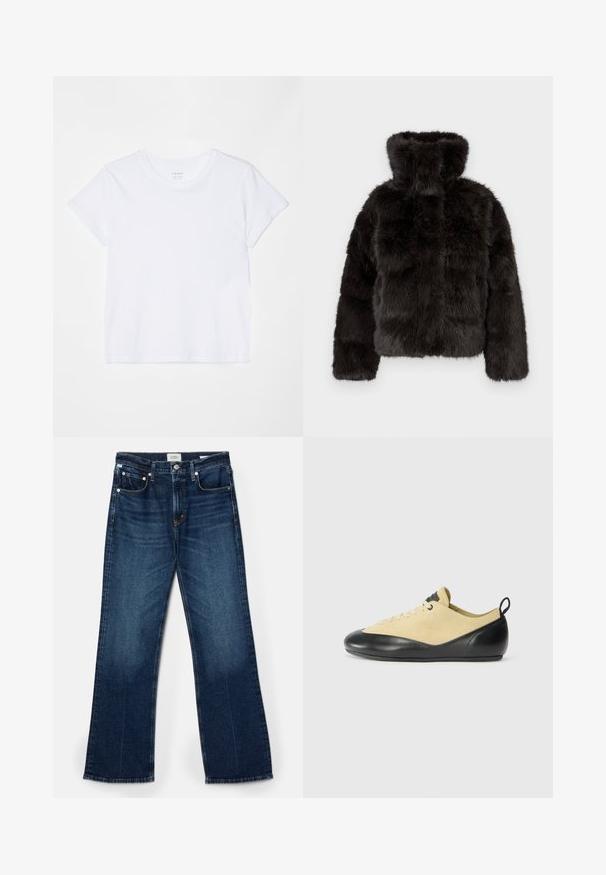 Black faux fur jacket with a high collar, cropped design, and long sleeves. Features a textured surface with a soft, plush appearance.; FRAME BABY TEE - Basic T-shirt - white; Dark blue denim jeans, wide-leg cut, five-pocket style, visible stitching accents, and a smooth texture with slight fading.; Climbing shoes in tan suede with black rubber toe cap, lace closure, and a pull tab at the heel for easy wear. Sleek and low-profile design.