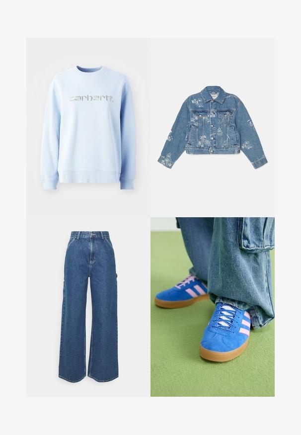 Šviesiai mėlynas džinsinis švarkas su baltais spaudiniais, ilgomis rankovėmis, klasikinis apykaklė, užsegimas mygtukais ir dvi priekinės kišenės.; Šviesiai mėlyna klasikinių laisvalaikio marškinėlių prasilenkimo suapvalintu kaklu, pagaminti iš minkštos medžiagos, turi ryškų sidabrinį siuvinėtą "Carhartt" logotipą per visą priekį.; Plačios mėlynos džinsinės kelnes su aukštu juosmeniu, kontrastingais siūlais ir šoninėmis kišenėmis, turinčios klasikinį penkių kišenių dizainą ir brutalius kraštus.; Mėlyni zomšiniai bateliai su rožinėmis juostelėmis ir baltais raišteliais, turintys guminį padą, derinami su laisvais džinsiniais kelnais ant žalios paviršiaus.