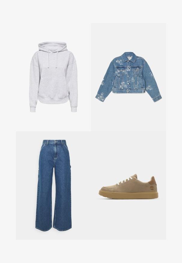 Denim jacket in light blue with white printed graphics, long sleeves, classic collar, button closure, and two front pockets.; Gray hooded sweatshirt with a relaxed fit, drawstrings, ribbed cuffs, and a front pocket. Made from soft, textured fabric.; Wide-leg blue denim trousers with a high waist, contrasting stitching, and side pockets, featuring a classic five-pocket design and raw hems.; Beige suede sneakers with white laces, a rubber tan sole, and a brown leather heel accent featuring a logo on the side.