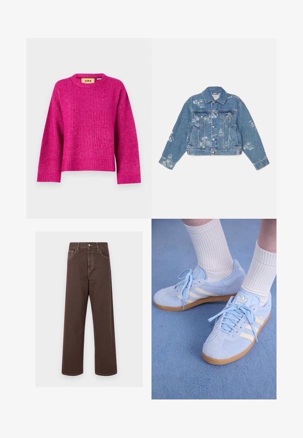 Hele sinine teksajakk valgete trükitud graafikatega, pikad varrukad, klassikaline krae, nupuväärist ning kaks eesmist taskut.; Magenta soonik, millel on ümmargune kaelus ja pikad varrukad. Valmistatud tekstuurist materjalist, millel on veidi lühendatud hem. Brändi silt on nähtav.; Pruunid laiad denimipüksid kontrastsete õmblustega, viie tasku ja metallnupuga sulgu. Sile tekstuur, sirge lõige.; Heledad sinine seemisneakerid valgete triipudega, lamedate paeltega ja kaaliumkummist tallaga. Valged soonikkoes sokid on kantud üle pahkluude.