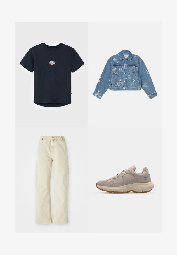 Hele sinine teksajakk valgete trükitud graafikatega, pikad varrukad, klassikaline krae, nupuväärist ning kaks eesmist taskut.; Mustaline puuvillane T-särk lühikeste varrukatega, ümmargune kaelus ja väike mitmevärviline logo rinnal. Sirge ääreline, tagant veidi pikem.; Beezikad laiad denimpüksid kõrge taljega, millel on ees nupp ja luku sulgemine, vöölapid ja küljetaskud. Pehme tekstuur.; Hele beežid tossud, mis on valmistatud segust suede ja võrgumaterjalidest, ümar kuju, paks kreemjas tall, tumedama värviga kummised aktsendid.