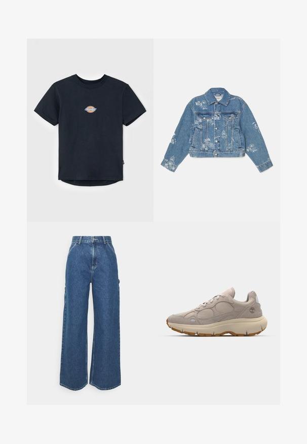 Denim jacket in light blue with white printed graphics, long sleeves, classic collar, button closure, and two front pockets.; Black cotton t-shirt with short sleeves, round neck, and a small multi-colored logo on the chest. Straight hem with a slightly longer back.; Wide-leg blue denim trousers with a high waist, contrasting stitching, and side pockets, featuring a classic five-pocket design and raw hems.; Light beige sneakers featuring a mix of suede and mesh materials, rounded shape, thick cream sole, and rubber accents in a darker color.