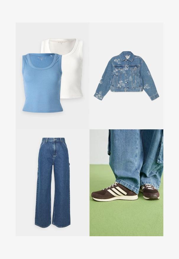 Denim jacket in light blue with white printed graphics, long sleeves, classic collar, button closure, and two front pockets.; Two ribbed tank tops: one light blue and one white. Each features a rounded neckline and a fitted silhouette, emphasizing the fabric's texture.; Wide-leg blue denim trousers with a high waist, contrasting stitching, and side pockets, featuring a classic five-pocket design and raw hems.; Brown suede athletic shoes with mesh panels and white stripes. Paired with loose blue denim jeans. Green textured surface beneath.