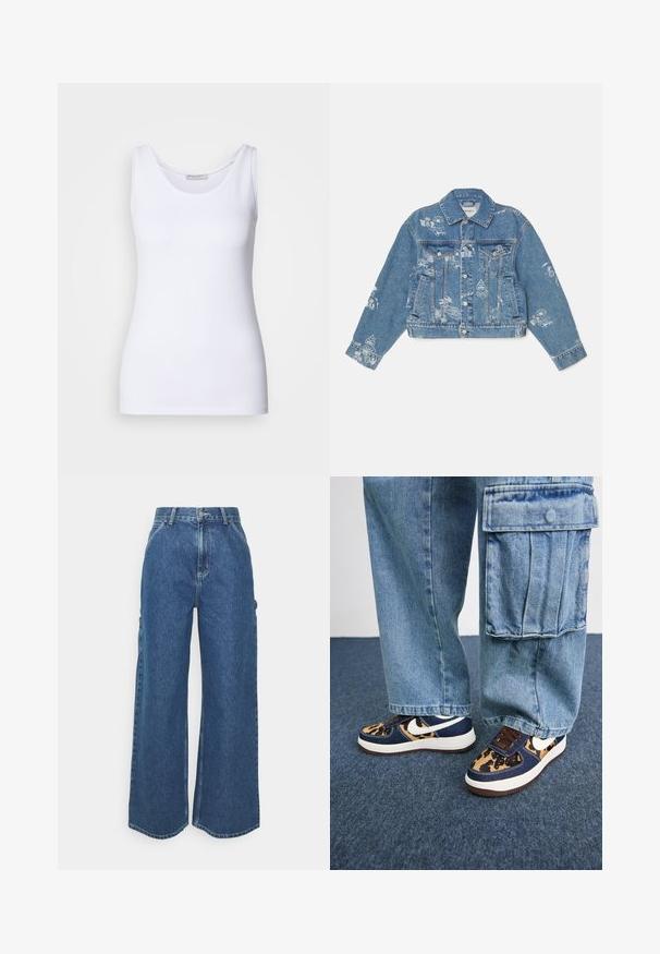Chaqueta de mezclilla en azul claro con gráficos impresos en blanco, mangas largas, cuello clásico, cierre de botones y dos bolsillos frontales.; Top sin mangas blanco hecho de una tela suave y elástica. Presenta un escote redondeado y tirantes anchos. La parte inferior se sitúa justo por debajo de la cintura. Sin patrones ni acentos.; Pantalones vaqueros de pierna ancha en azul con cintura alta, costuras en contraste y bolsillos laterales, que cuentan con un diseño clásico de cinco bolsillos y dobladillos sin rematar.; Zapatillas azul marino con acentos de estampado de leopardo, swoosh blanco de Nike, cordones marrones y media suela blanca. Combinadas con pantalones cargo de mezclilla claros.