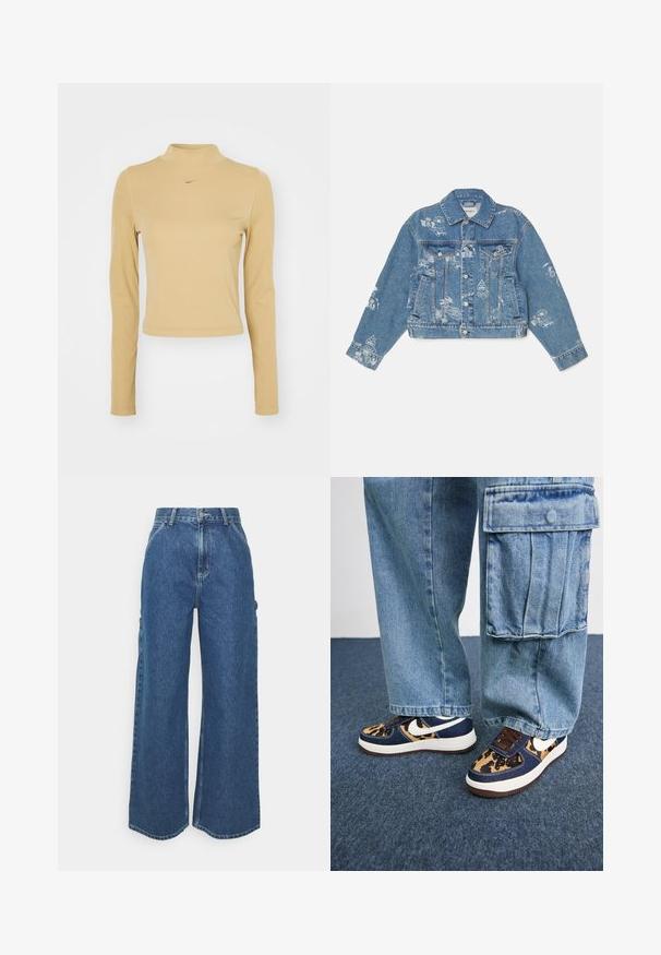 Világoskék farmerdzseki fehér nyomott grafikákkal, hosszú ujjakkal, klasszikus gallérral, gombos záródással és két elülső zsebbel.; Hosszúujjú, bordázott garbó világos bézs színben, slim fit szabással. Kicsi arany Nike logó található a mellrészen. Sima tapintású.; Széles szárú, kék farmernadrág magas derékkal, kontrasztos varrással és oldalsó zsebekkel, klasszikus öt zsebes kialakítással és nyers szegéllyel.; Tengerészes kék sportcipő leopárdmintás részletekkel, fehér Nike logóval, barna fűzőkkel és fehér középtalppal. Világoskék farmer térdnadrággal párosítva.