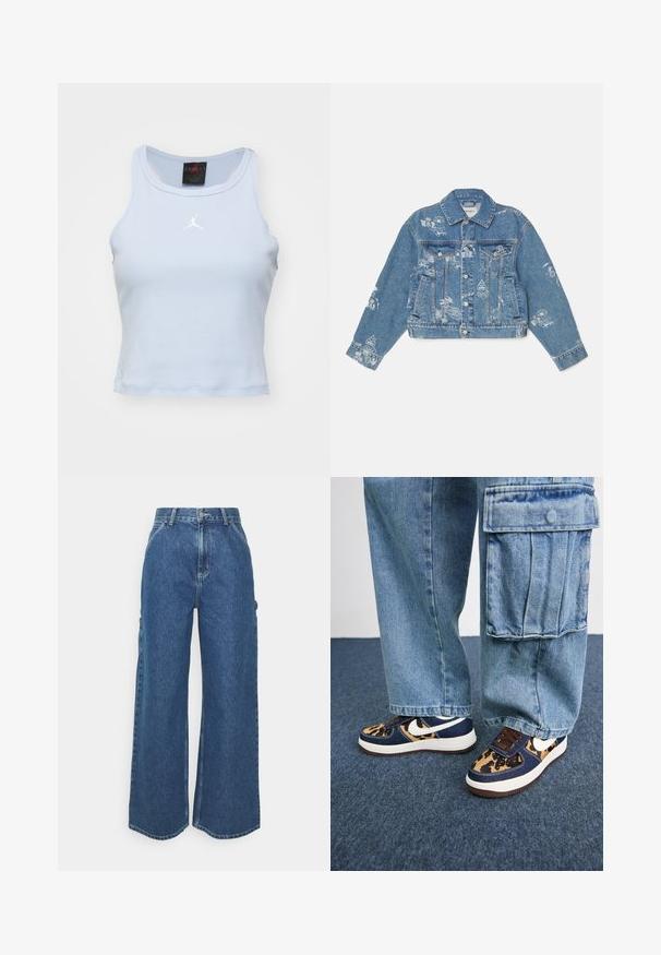 Denim jakna svetlo modre barve z belim tiskanim vzorcem, dolgi rokavi, klasičen ovratnik, z gumbom za zapiranje in dvema sprednjima žepoma.; Svetlo modra, prilegajoča majica brez rokavov iz rebraste tkanine ima okrogel izrez in belo JORDAN logo na prsih.; Široke modre denim hlače z visokim pasom, kontrastnim šivom in stranskimi žepi, ki vključujejo klasičen pet-džepni dizajn in robove brez obdelave.; Temno modre teniske z leopardjim vzorcem, bel Nike znak, rjave vezalke in bela podloga. V kombinaciji z svetlim denim krojačkim hlačami.