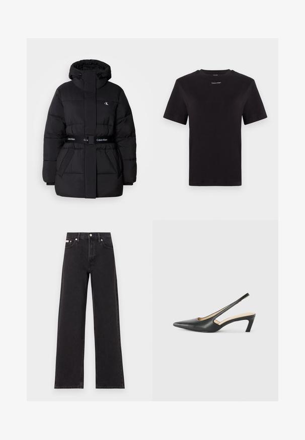 Must mustikas jope kõrge krae ja reguleeritava kapuutsiga, kitsendatud talje, vööga disain ning logo detailid vööl ja rinna taskutel.; Must musta t-särk lühikeste käistega, ümberringi kaelusega ja väikese valge "Calvin Klein" logo'ga rinnal. Sile tekstuur, klassikaline lõige.; Mustad laiad mustad teksad, millel on kõrge vöökoht, viie tasku stiil ja metallist nööpkinnitus kontrastsete õmblustega.; Must mustaga, terav varvas, madala kontsaga sildiga king, mis on valmistatud siledast nahast ja mille küljel on lõike disain hingavuse tagamiseks.