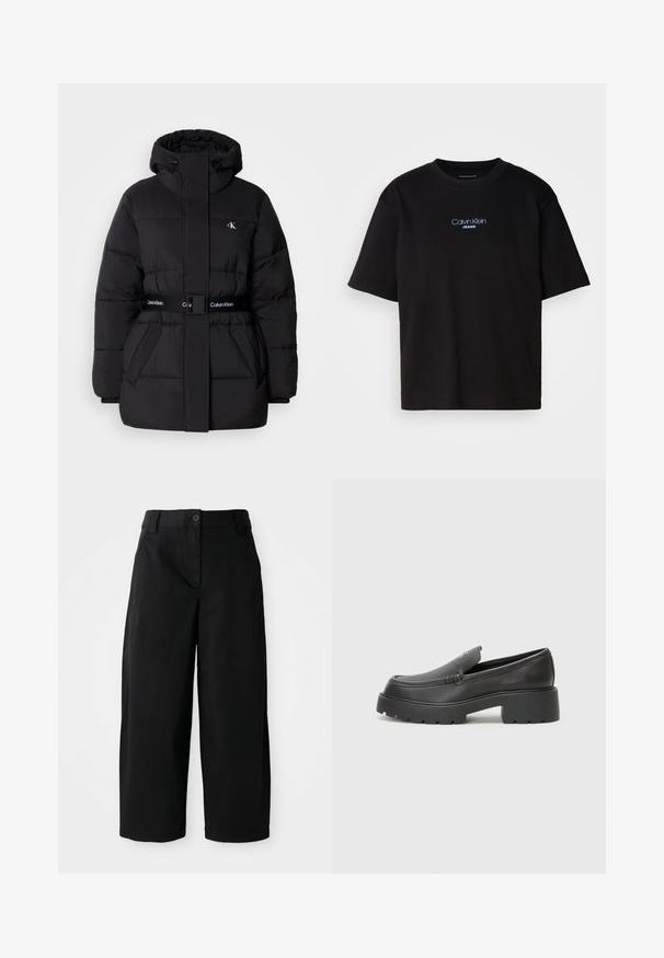 Črna puffer jakna z visokim ovratnikom in nastavljivo kapuco, zategnjenim pasom, obliko z pasom ter logotipom na pasu in žepih na prsih.; Črna bombažna majica s krožnim izrezom, kratkimi rokavi in modrim vezenim logotipom "Calvin Klein JEANS" na sprednji strani.; Črne široke hlače iz gladkega bombažnega blaga, s sprednjim gumbom in sponkami za pas. Čiste robove in brez vidnih vzorcev.; Črne usnjene loafers čevlje z zaobljenim nosom, debelim teksturiranim podplatom in minimalnimi šivi. Elegantna zasnova brez vidnih vezalk ali kovinskih delov.
