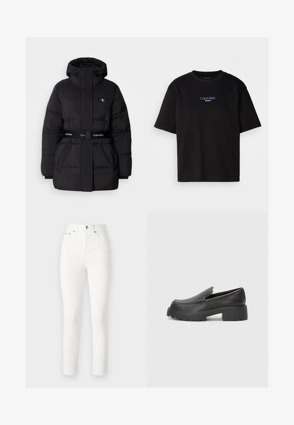 Juodas pūkinis švarkas su aukštu apykakle ir reguliuojama kapuce, susiaurinta talija, diržo dizainas ir logotipo detalės ant diržo ir krūtinės kišenių.; Juodas medvilnės marškinėliai su apykakle, trumpomis rankovėmis ir mėlynai siuvinėtu "Calvin Klein JEANS" logotipu priekyje.; Balti džinsai su aukštu liemeniu, siaurėjančiomis kojomis ir penkių kišenių stiliumi. Yra metalinis mygtukas ir revetės, lygi tekstūra.; Juodi odiniai loaferiai su apvaliu pirštu, storu tekstūruotu padu ir minimaliu siūlių dekoru. Išskirtinis dizainas be matomų raištelių ar furnitūros.