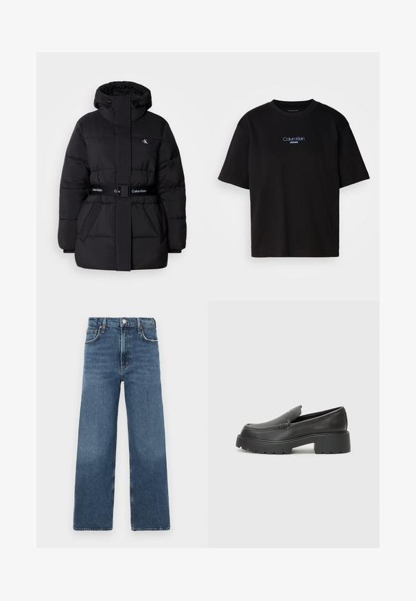 Crna puffer jakna s visokim ovratnikom i podesivom kapuljačom, strukirana, sa remenom i detaljima logotipa na remenu i džepovima na prsima.; Crna pamučna majica s okruglim izrezom, kratkim rukavima i plavim izvezenim logom "Calvin Klein JEANS" na prednjoj strani.; Traperice s visokim strukom i širokim nogavicama u srednje plavoj boji, sa klasičnim zatvaranjem na gumbe, pet džepova i glatkom teksturom.; Crne kožne loaferice s zaobljenim vrhom, debelim teksturiranim potplatom i minimalnim detaljima šivanja. Elegantna izrada bez vidljivih vezica ili metalnih elemenata.