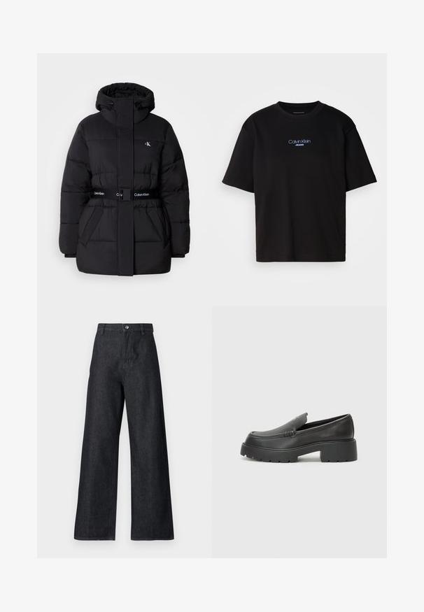 Fekete puffdzseki magas gallérral és állítható kapucnival, megkötős derékkal, övezett dizájnnal, valamint logóval díszített övvel és mellzsebekkel.; Fekete pamut póló kerek nyakkal, rövid ujjú, elöl kék hímzett "Calvin Klein JEANS" logóval.; Sötétkék, széles lábú farmernadrág. Magas derékú, cipzáras elejével és gombbal rendelkezik, sima textúrával és minimális varrási részletekkel.; Fekete bőr loafer cipők kerek orral, vastag, texturált talppal és minimális varrási részletekkel. Áramvonalas dizájn, látható fűzők vagy fém részek nélkül.