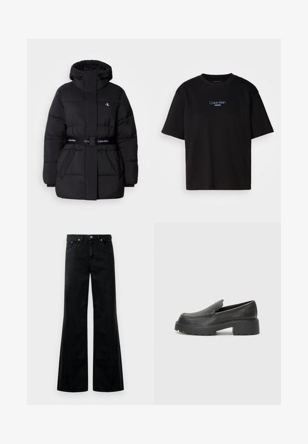 Juodas pūkinis švarkas su aukštu apykakle ir reguliuojama kapuce, susiaurinta talija, diržo dizainas ir logotipo detalės ant diržo ir krūtinės kišenių.; Juodas medvilnės marškinėliai su apykakle, trumpomis rankovėmis ir mėlynai siuvinėtu "Calvin Klein JEANS" logotipu priekyje.; Juodos džinsinės platėjančios kelnės su aukštu liemeniu, penkių kišenių dizainu ir matomais siuvimo detalėmis. Glotni tekstūra su švelniu blizgesiu.; Juodi odiniai loaferiai su apvaliu pirštu, storu tekstūruotu padu ir minimaliu siūlių dekoru. Išskirtinis dizainas be matomų raištelių ar furnitūros.