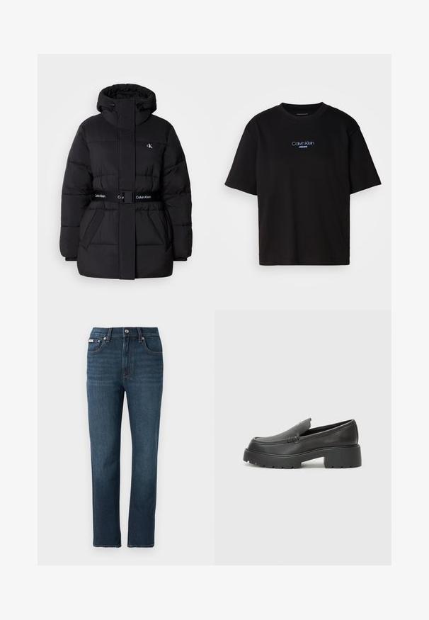 Melna puffa jakna ar augstu apkakli un regulējamu kapuci, sašaurināta vidukļa līnija, jostas dizains un logo detaļas uz jostas un krūšu kabatām.; Melna kokvilnas T-kreklu ar apaļu kaklu, īsām piedurknēm un zilu izšūtu "Calvin Klein JEANS" logo priekšpusē.; Tumši zila džinsu auduma bikses ar taisnu kāju dizainu, priekšējiem kabatām, pogu aizdari un smalku izšuvumu detaļu jostas vietā.; Melnas ādas mokasīni ar noapaļotu purngalu, biezs teksturēts zoles un minimālas dūriena detaļas. Gluds dizains bez redzamām auklām vai metāla elementiem.