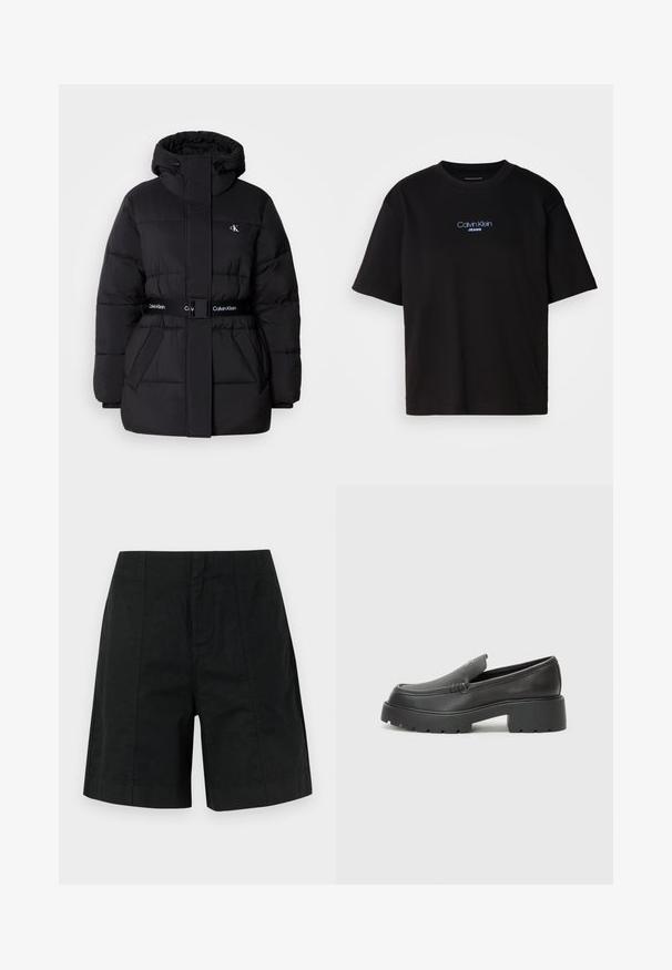 Zwarte donsjack met hoge kraag en verstelbare capuchon, getailleerde taille, ceinture ontwerp en logo-detail op de riem en borst zakken.; Zwart katoenen T-shirt met ronde hals, korte mouwen en blauw geborduurd "Calvin Klein JEANS" logo op de voorkant.; Zwarte op maat gemaakte shorts van lichtgewicht stof, met een gestructureerd ontwerp met verticale lijnen en een rechte zoom. Geen zichtbare zakken.; Zwarte leren instappers met een ronde neus, dikke getextureerde zool en minimale stikseldetails. Strak ontwerp zonder zichtbare veters of hardware.