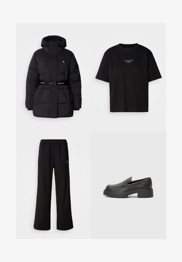 Svart pufferjacka med hög krage och justerbar huva, åtsittande midja, bältad design och logodetaljer på bältet och bröstfickorna.; Svart bomulls T-shirt med rund nacke, korta ärmar och blå broderad "Calvin Klein JEANS" logotyp på framsidan.; Svarta mjukisbyxor med avslappnad passform, elastisk midja och sidofickor. Tillverkade av ett mjukt tyg med en glatt yta.; Svarta läderloafers med rund tå, tjockt strukturerat såle och minimala sömnadsdetaljer. Snygg design utan synliga snören eller beslag.