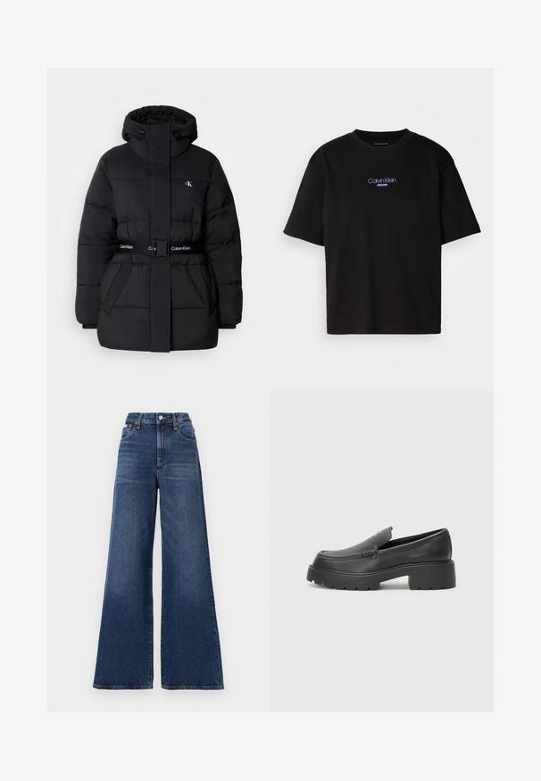 Casaco puffer preto com colarinho alto e capuz ajustável, cintura ajustada, design com cinto e detalhes do logótipo no cinto e nos bolsos do peito.; T-shirt preta de algodão com gola redonda, mangas curtas e logo bordado azul "Calvin Klein JEANS" na parte da frente.; Fatos de ganga de cintura alta e perna larga, feitos de denim azul-escuro, com fecho de botão, cinco bolsos e um desgaste subtil nas coxas.; Mocassins de couro preto com bico arredondado, sola espessa e texturizada, e detalhes de costura minimalistas. Design elegante sem atacadores ou ferragens visíveis.