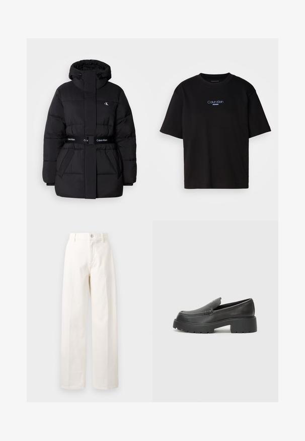 Black puffer jacket with a high collar and adjustable hood, cinched waist, belted design, and logo detailing on the belt and chest pockets.; Black cotton t-shirt with a round neck, short sleeves, and blue embroidered "Calvin Klein JEANS" logo on the front.; White wide-leg pants made of cotton, featuring a front button closure, belt loops, and straight cut with no visible patterns.; Black leather loafers with a rounded toe, thick textured sole, and minimal stitching details. Sleek design with no visible laces or hardware.
