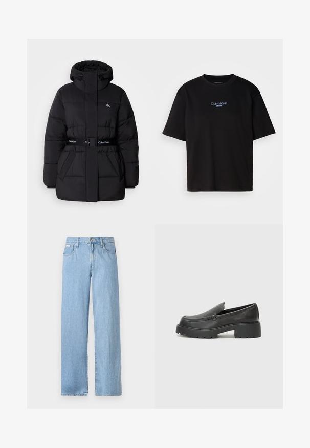 Must mustikas jope kõrge krae ja reguleeritava kapuutsiga, kitsendatud talje, vööga disain ning logo detailid vööl ja rinna taskutel.; Mustmust särk ümmarguse kaelusega, lühikeste varrukatega ja sinise tikandiga "Calvin Klein JEANS" logo ees.; Heledad sinised laiad teksad, mis on valmistatud denimist, keskmise kõrgusega vöökoht, metallne nööp ja viis taskut nähtavate õmblustähtedega.; Mustad nahast loafers ümarate varvastega, paksu tekstuuriga tald ja minimaalsete õmbluse detailidega. Viimistletud disain, kus pole nähtavaid paelu ega riistu.
