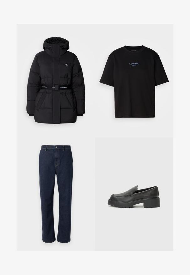 Casaco puffer preto com colarinho alto e capuz ajustável, cintura ajustada, design com cinto e detalhes do logótipo no cinto e nos bolsos do peito.; T-shirt preta de algodão com gola redonda, mangas curtas e logo bordado azul "Calvin Klein JEANS" na parte da frente.; Jeans de ganga azul escura com um design de perna reta, apresentando fecho de correr, bolsos frontais e costura visível em uma cor de contraste.; Mocassins de couro preto com bico arredondado, sola espessa e texturizada, e detalhes de costura minimalistas. Design elegante sem atacadores ou ferragens visíveis.
