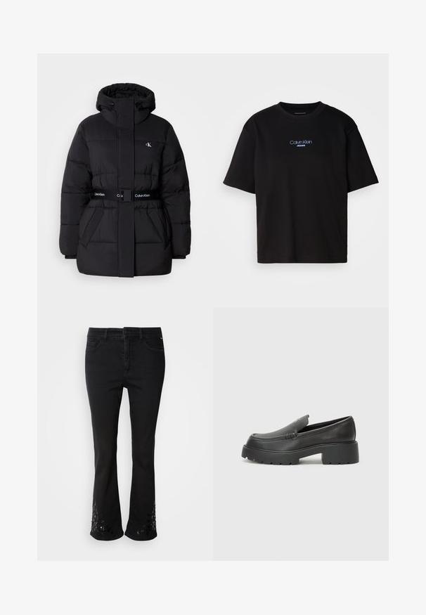 Veste doudoune noire avec un col haut et une capuche ajustable, taille cintrée, design ceinturé et détails de logo sur la ceinture et les poches poitrine.; T-shirt en coton noir avec un col rond, des manches courtes et un logo brodé bleu "Calvin Klein JEANS" sur le devant.; Jean flare en denim noir avec des motifs décoratifs en sequins sur l'ourlet, dotés de cinq poches, passants de ceinture et fermeture à bouton à l'avant.; Mocassins en cuir noir avec un bout arrondi, une semelle épaisse et texturée, et des détails de couture minimalistes. Design épuré sans lacets ni métal visibles.